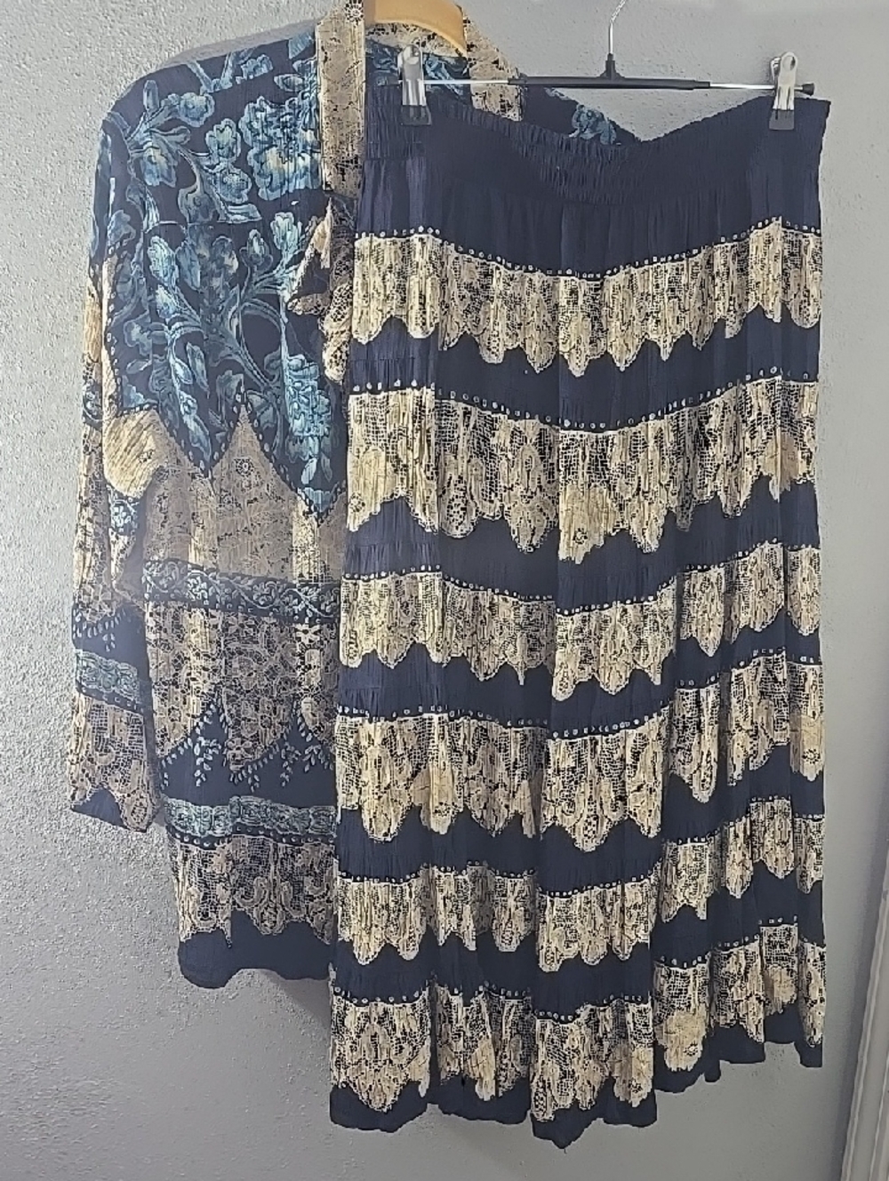 Navy and Cream Tiered Lace Skirt & Blouse